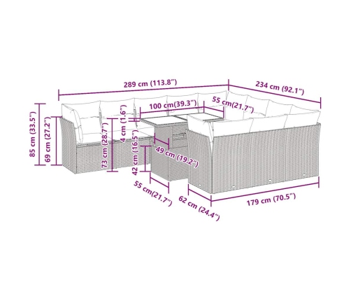 Set de sofás de jardín 11pzas con cojines ratán sintético beige