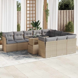 Set de sofás de jardín 11pzas con cojines ratán sintético beige