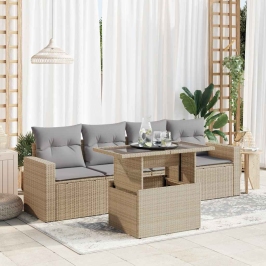 Juego de sofás jardín con cojines 5 pzas ratán sintético beige