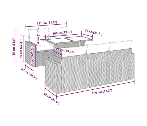 Set de muebles de jardín 6 pzas y cojines ratán sintético gris
