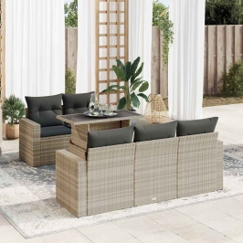 Set de sofás de jardín 6 pzas y cojines ratán sintético gris