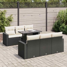 Set de sofás de jardín 7 pzas con cojines ratán sintético negro
