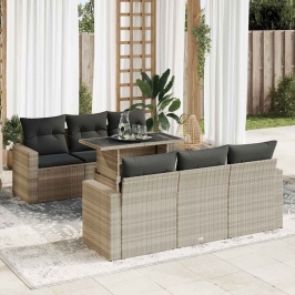 Set de sofás de jardín 7 pzas con cojines ratán PE gris claro