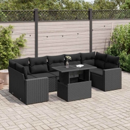 Set de sofás de jardín y cojines 8 piezas ratán sintético negro