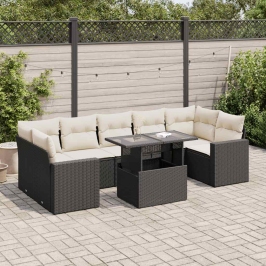 Set de sofás de jardín y cojines 8 piezas ratán sintético negro