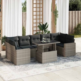 Set de sofás de jardín y cojines 8 piezas ratán sintético gris