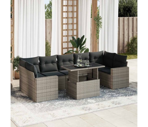 Set de sofás de jardín y cojines 8 piezas ratán sintético gris