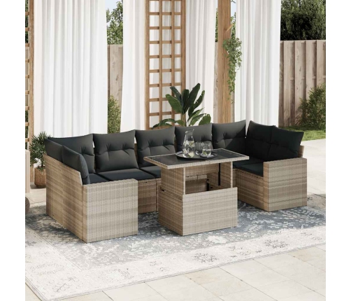 Set de sofás de jardín 8 pzas y cojines ratán sintético gris