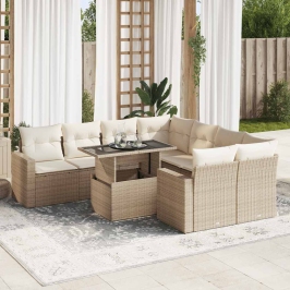Set de sofás de jardín con cojines 9 pzas ratán sintético beige