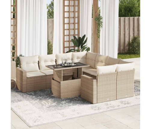 Set de sofás de jardín con cojines 9 pzas ratán sintético beige
