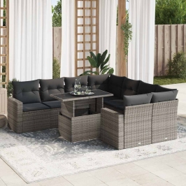 Set de sofás de jardín con cojines 9 pzas ratán sintético gris