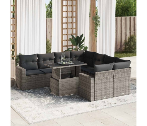 Set de sofás de jardín con cojines 9 pzas ratán sintético gris