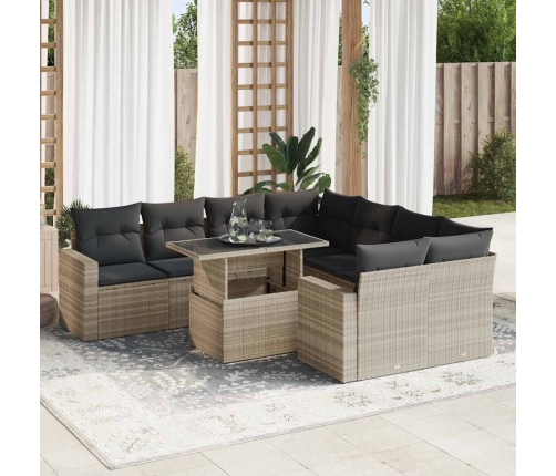 Set muebles jardín 9 pzas y cojines ratán sintético gris claro