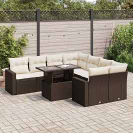 Set de sofás de jardín 9 pzas y cojines ratán sintético marrón