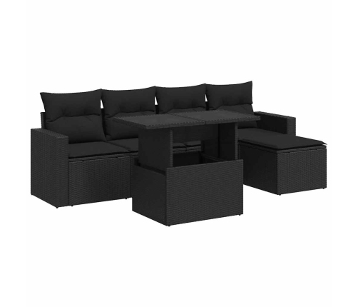 Set de sofás de jardín 6 piezas y cojines ratán sintético negro
