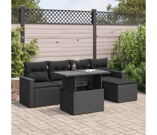Set de sofás de jardín 6 piezas y cojines ratán sintético negro