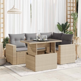 Juego de sofás jardín con cojines 5 pzas ratán sintético beige