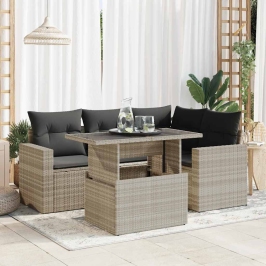 Set de sofás jardín y cojines 5 pzas ratán sintético gris claro