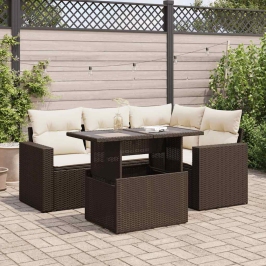 Set comedor de jardín 5 piezas y cojines ratán sintético marrón