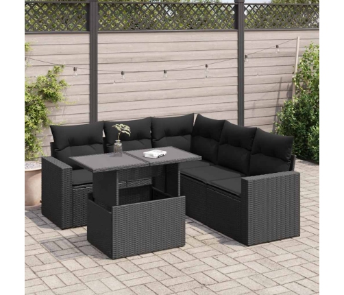 Set de sofás de jardín 6 piezas y cojines ratán sintético negro