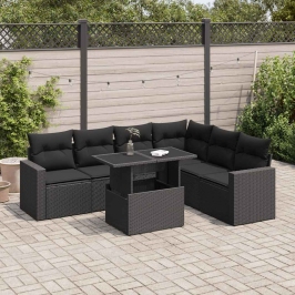 Set de sofás de jardín 7 pzas con cojines ratán sintético negro