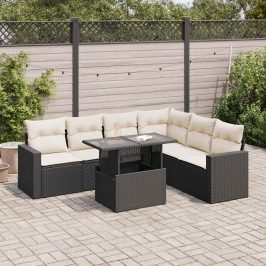 Set de sofás de jardín 7 pzas con cojines ratán sintético negro