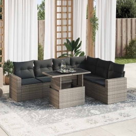Set de sofás de jardín 7 pzas con cojines ratán sintético gris