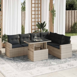 Set de sofás de jardín 7 pzas con cojines ratán PE gris claro
