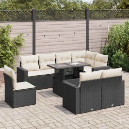Set de sofás de jardín con cojines 9 pzas ratán sintético negro