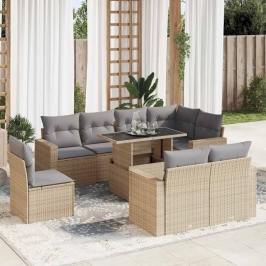 Set de sofás de jardín con cojines 9 pzas ratán sintético beige