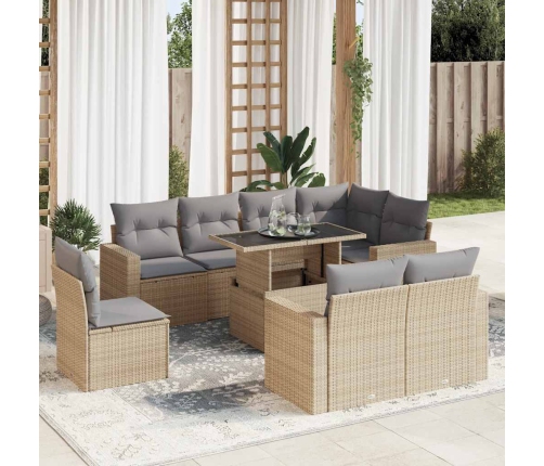 Set de sofás de jardín con cojines 9 pzas ratán sintético beige
