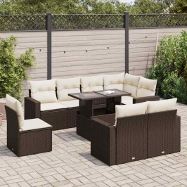 Set de sofás de jardín 9 pzas y cojines ratán sintético marrón