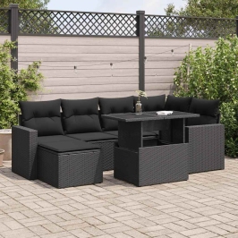 Set de sofás de jardín 7 pzas con cojines ratán sintético negro