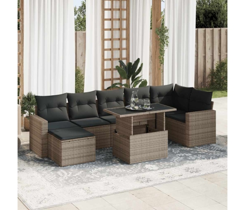 Set de sofás de jardín y cojines 8 piezas ratán sintético gris