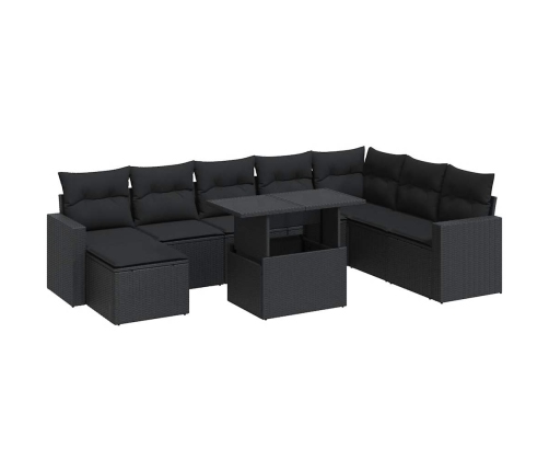 Set de sofás de jardín con cojines 9 pzas ratán sintético negro