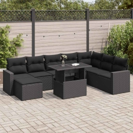 Set de sofás de jardín con cojines 9 pzas ratán sintético negro