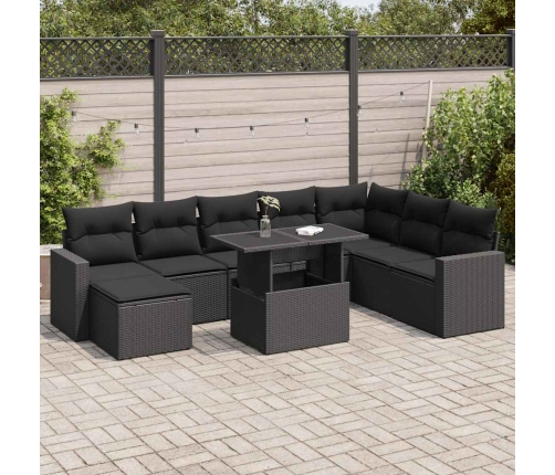 Set de sofás de jardín con cojines 9 pzas ratán sintético negro