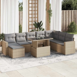 Set de sofás de jardín con cojines 9 pzas ratán sintético beige