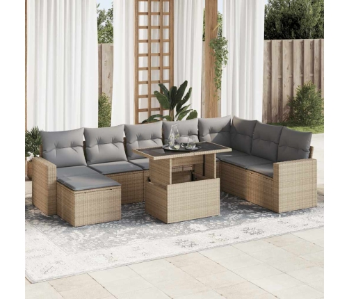 Set de sofás de jardín con cojines 9 pzas ratán sintético beige