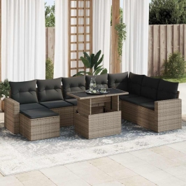 Set de sofás de jardín con cojines 9 pzas ratán sintético gris