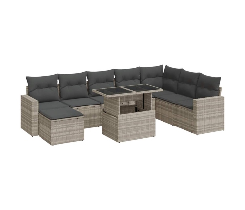 Set muebles jardín 9 pzas y cojines ratán sintético gris claro