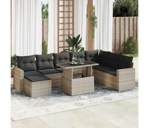 Set muebles jardín 9 pzas y cojines ratán sintético gris claro