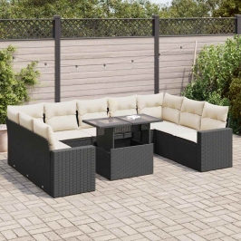 Set de sofás de jardín y cojines 10 pzas ratán sintético negro