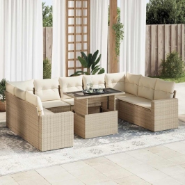 Juego de sofás jardín con cojines beige 10 pzas ratán sintético