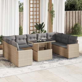 Juego de sofás jardín con cojines beige 10 pzas ratán sintético