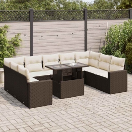 Set de sofás de jardín 10 pzas y cojines ratán sintético marrón