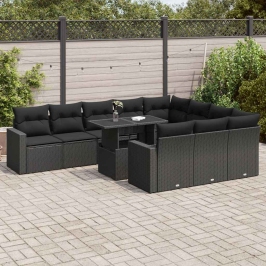 Set de sofás de jardín 11 pzas y cojines ratán sintético negro