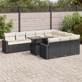 Set de sofás de jardín 11 pzas y cojines ratán sintético negro