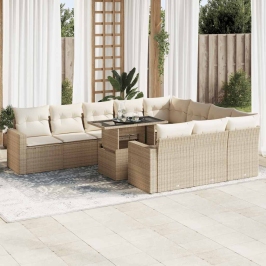 Set de sofás de jardín 11pzas con cojines ratán sintético beige