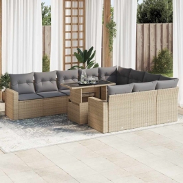 Set de sofás de jardín 11pzas con cojines ratán sintético beige